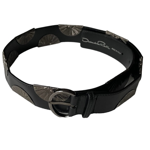 Oscar de la Renta Black Belt with Metal Embellishments, Small 75 / 28” - Picture 2 of 13